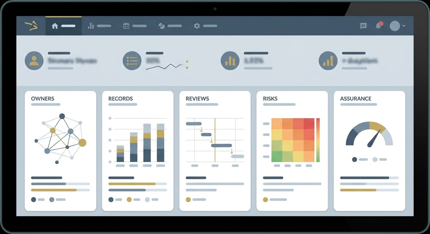 Governance dashboard for national security procurement assurance showing owners, reviews, risks and evidence records