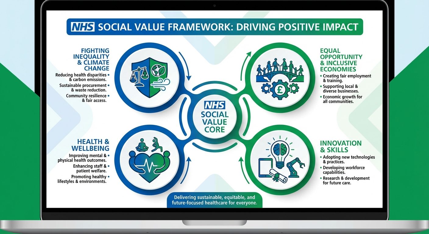 NHS social value framework themes showing fighting inequality, equal opportunity, and wellbeing