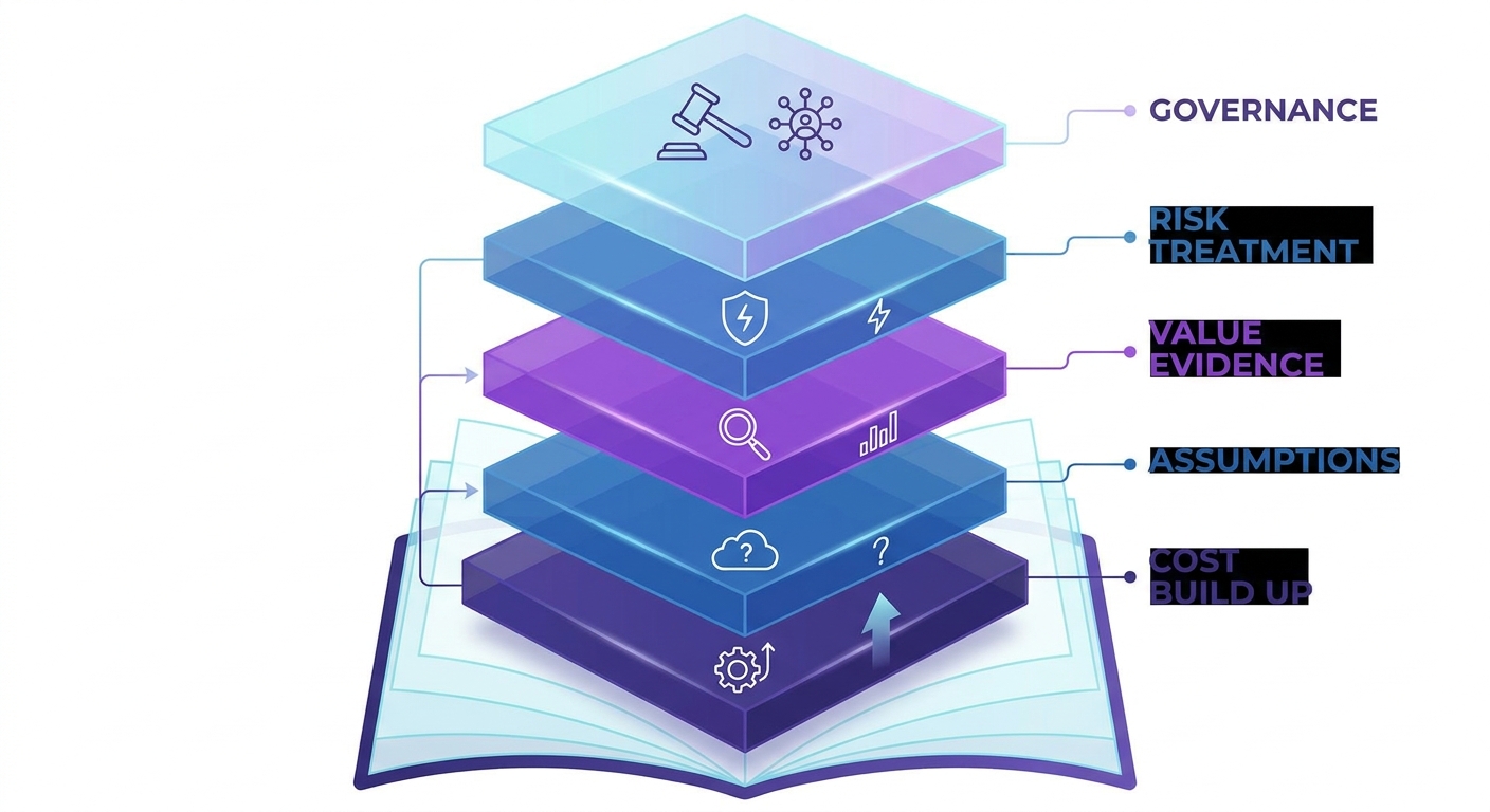 Layered open book pricing model showing cost build up, assumptions, value evidence, risk and governance
