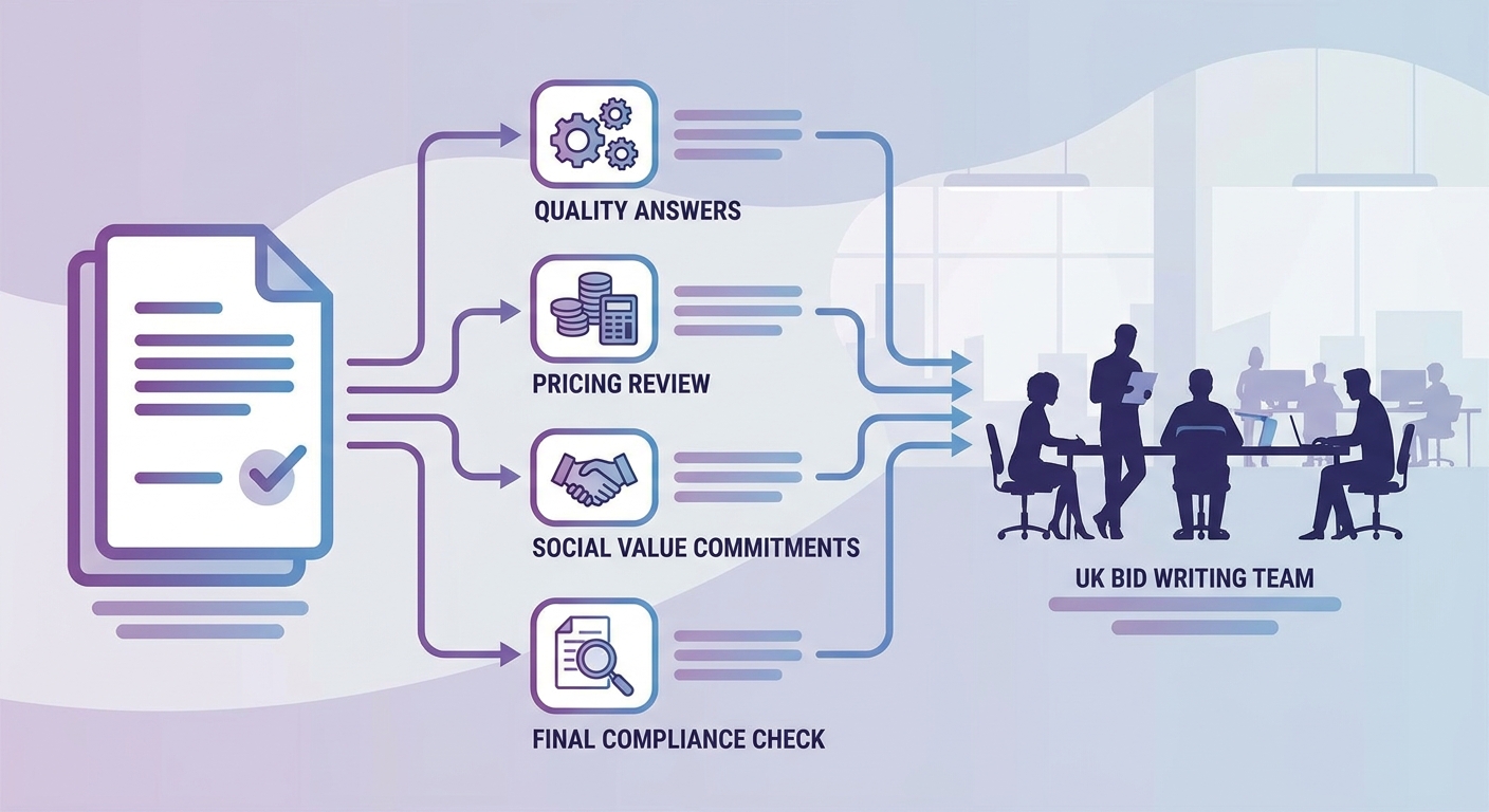 Illustration showing a tender evidence library feeding into quality answers, pricing review and compliance checks