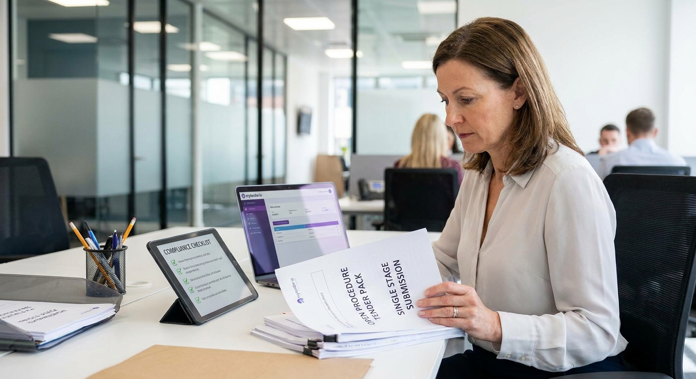 A bid manager reviewing an open procedure tender pack with compliance notes and quality response planning