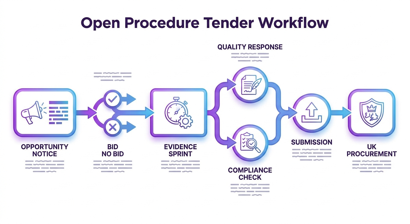Infographic showing the open procedure workflow from opportunity notice to final submission