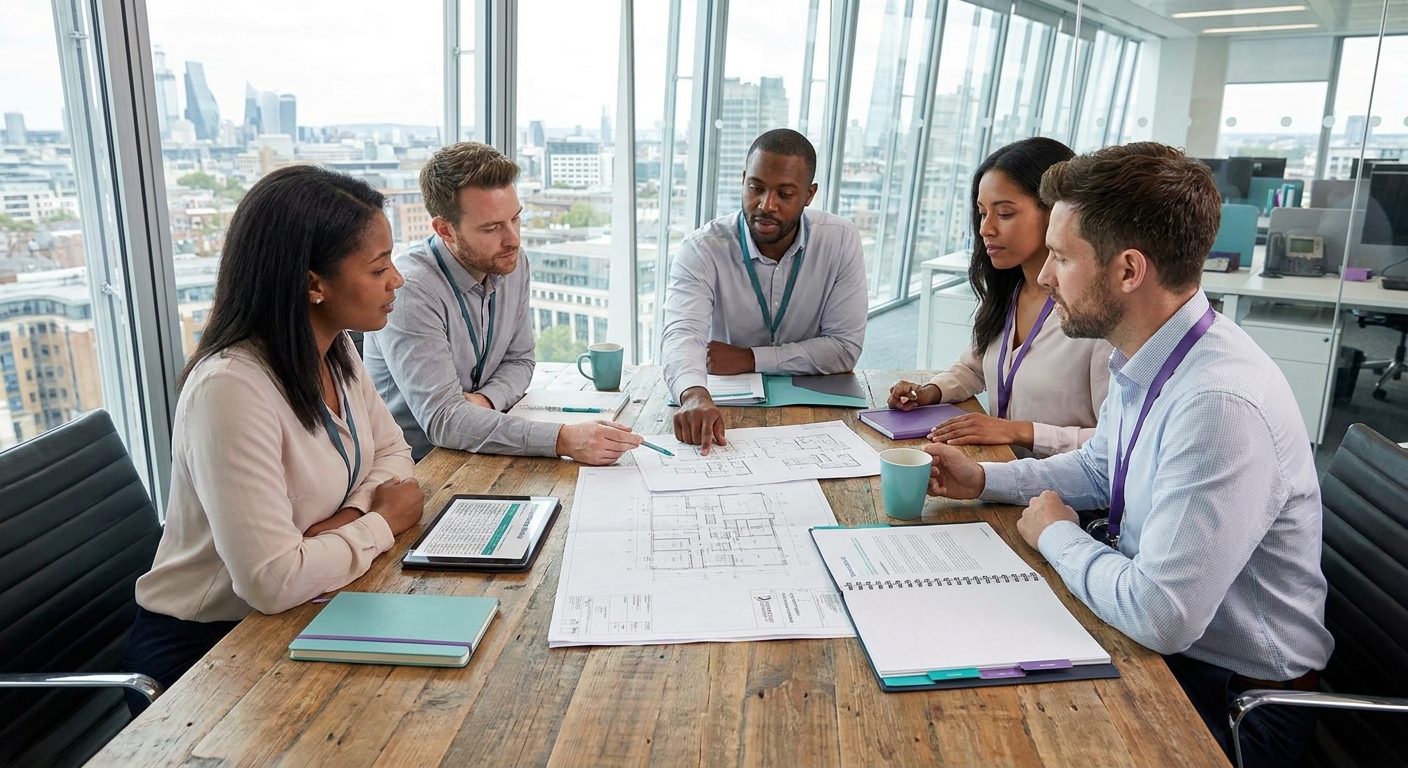 Construction bid team reviewing organisational capability evidence and Building Safety Act competence records