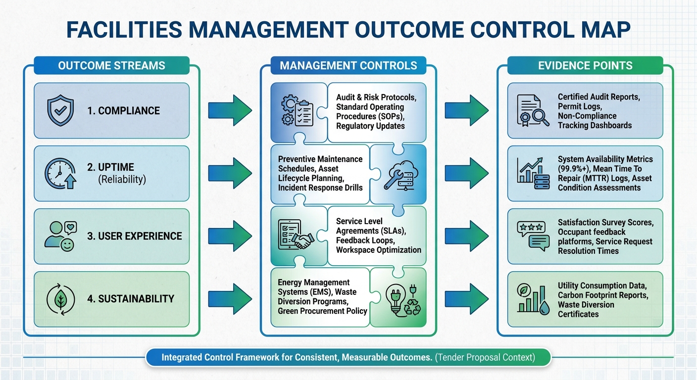 FM outcome control map showing compliance, uptime, user experience and sustainability linked to management controls