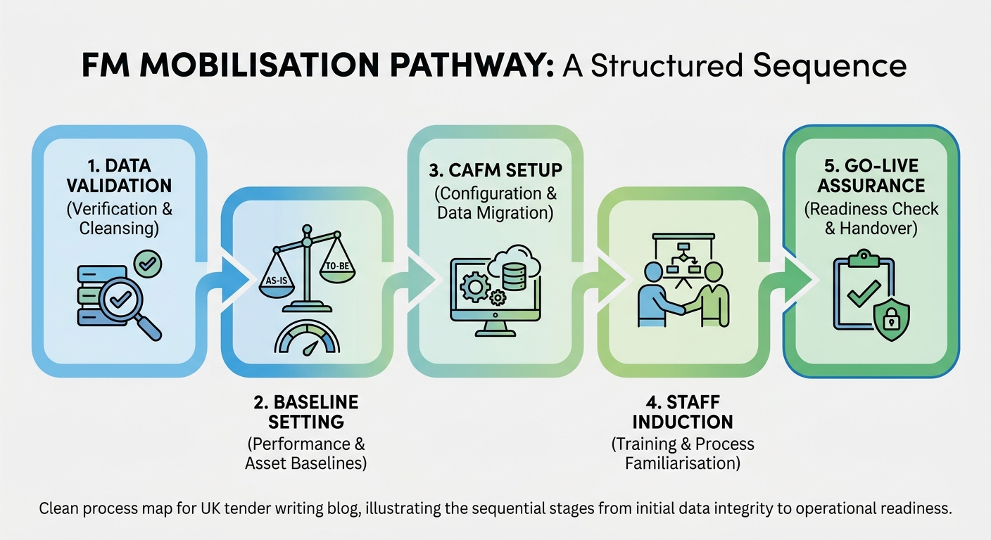 FM mobilisation pathway showing data validation, baseline setting, CAFM setup, staff induction and go-live assurance