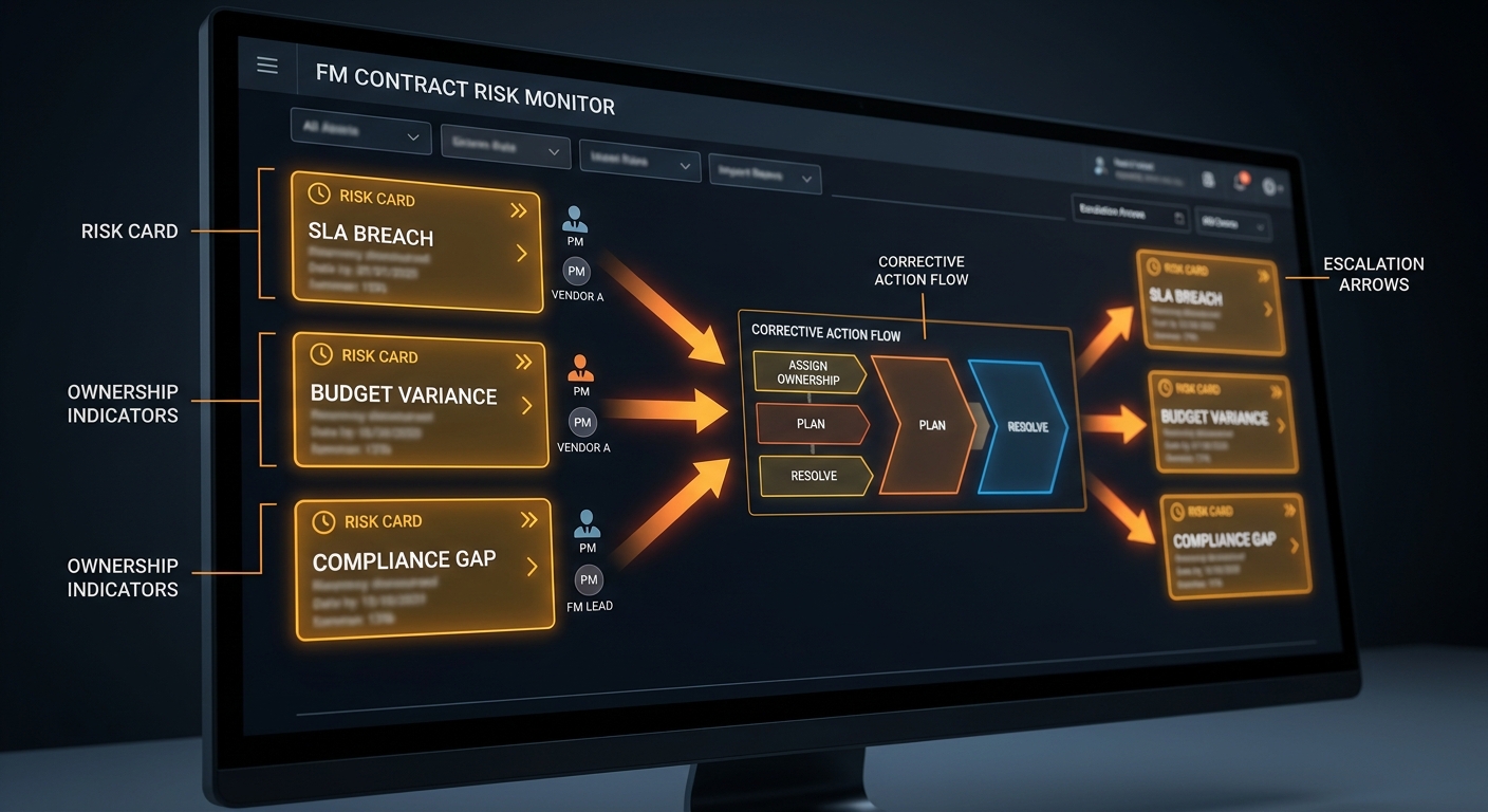 Early warning dashboard concept for FM tenders showing amber risks, ownership, escalation and corrective actions