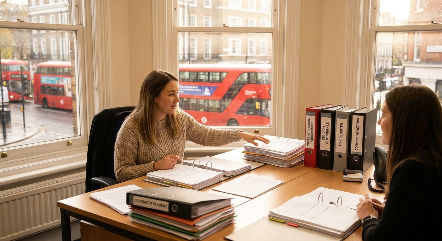 Bid manager preparing a payment performance evidence pack for a tender