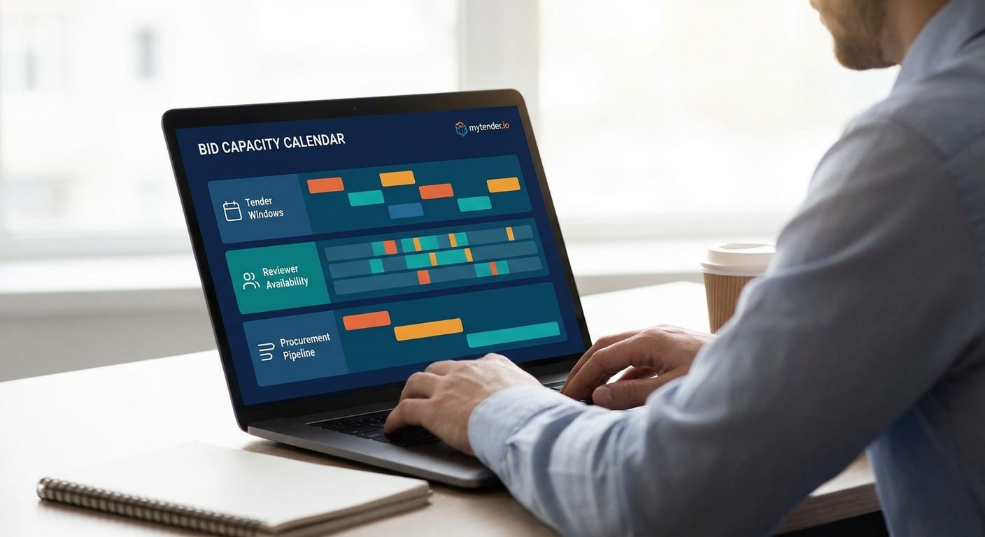 Bid capacity calendar showing upcoming pipeline notices, tender windows and reviewer availability