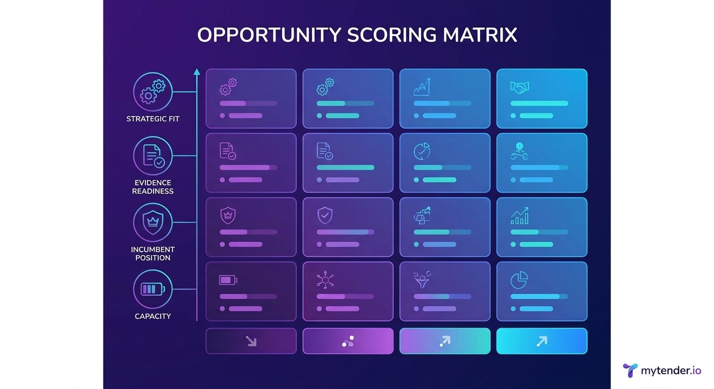 Opportunity scoring matrix for pipeline notices with fit, incumbent position, evidence readiness and capacity
