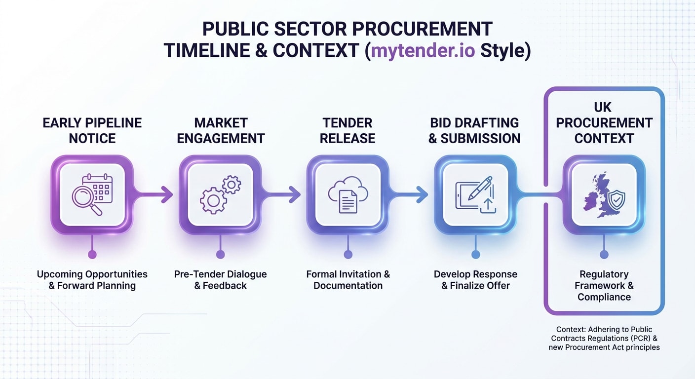 Timeline showing pipeline notice, market engagement, tender release, bid drafting and submission