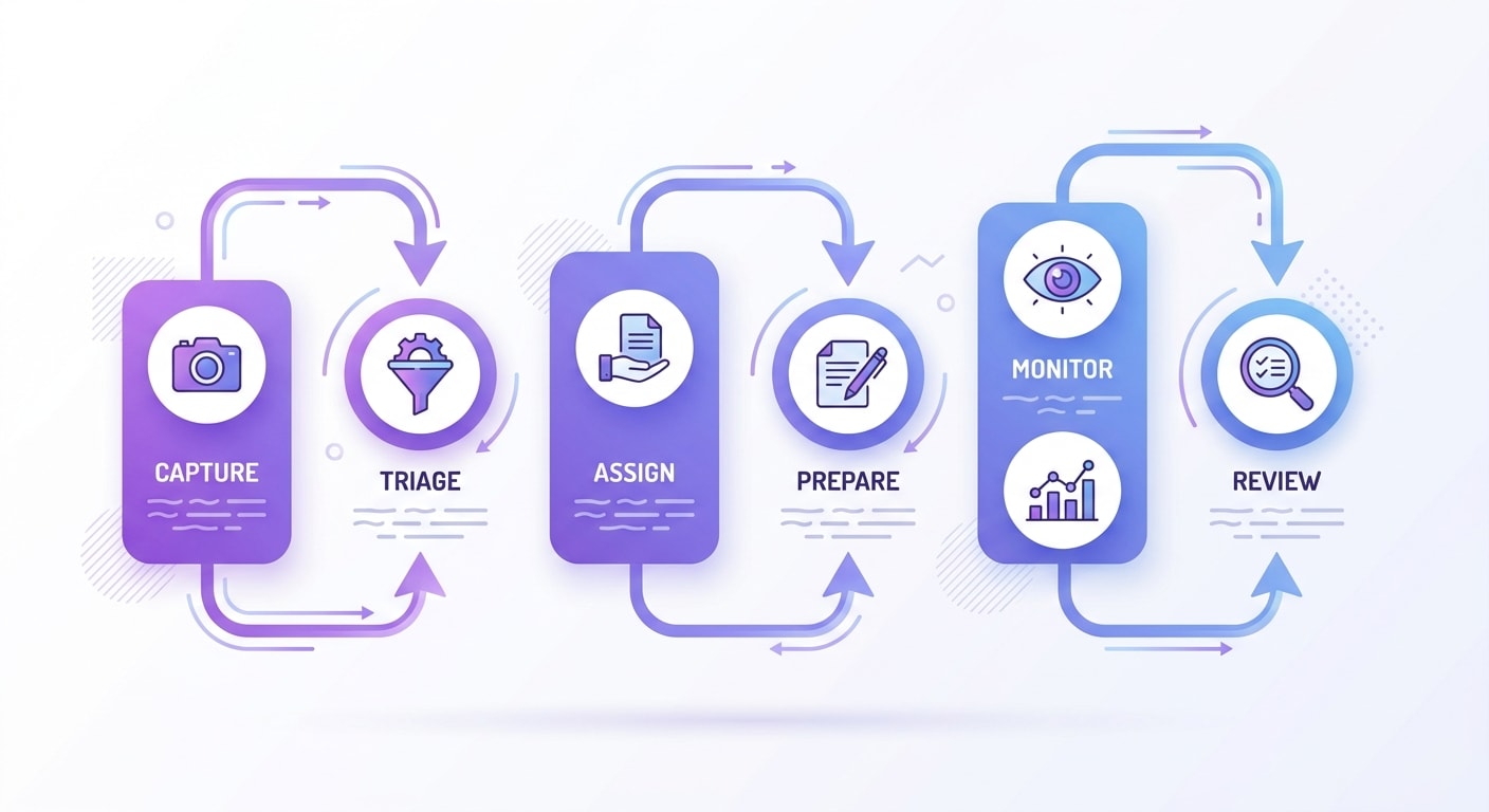 Workflow diagram from capture to triage, assign, prepare, monitor and ITT review