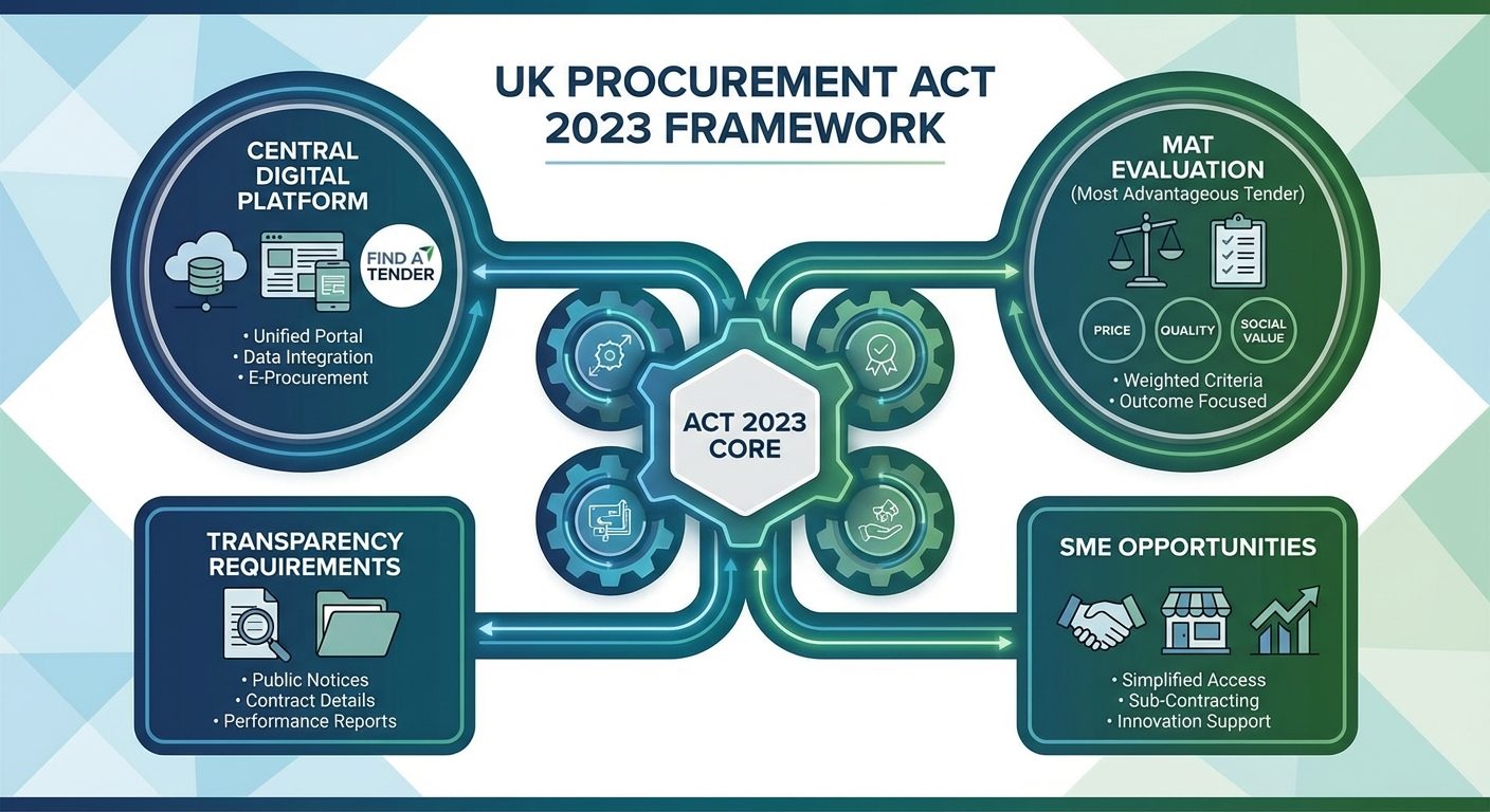 Overview of the UK Procurement Act 2023 framework showing key elements