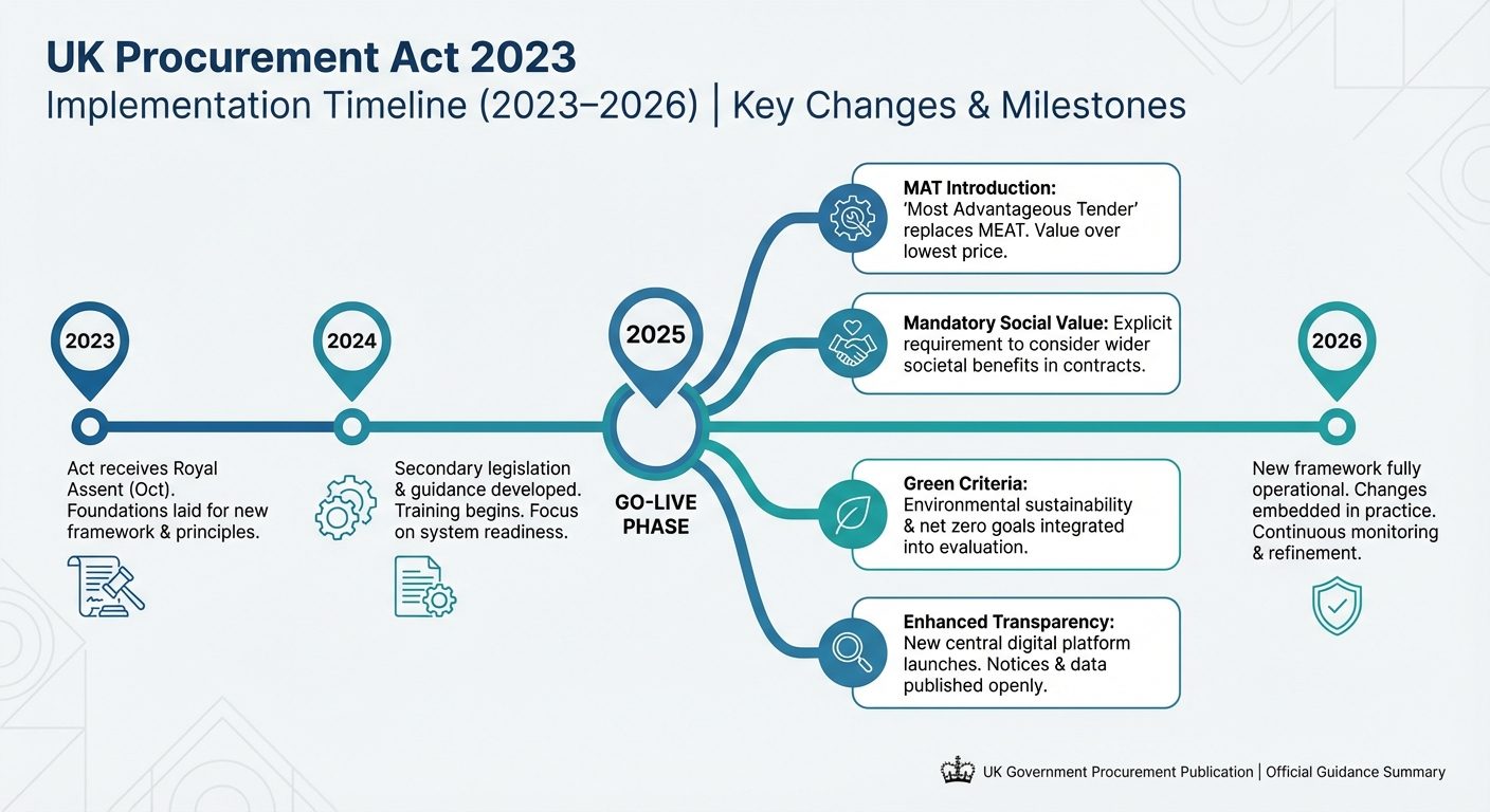 Timeline of UK Procurement Act 2023 implementation showing the shift to Most Advantageous Tender