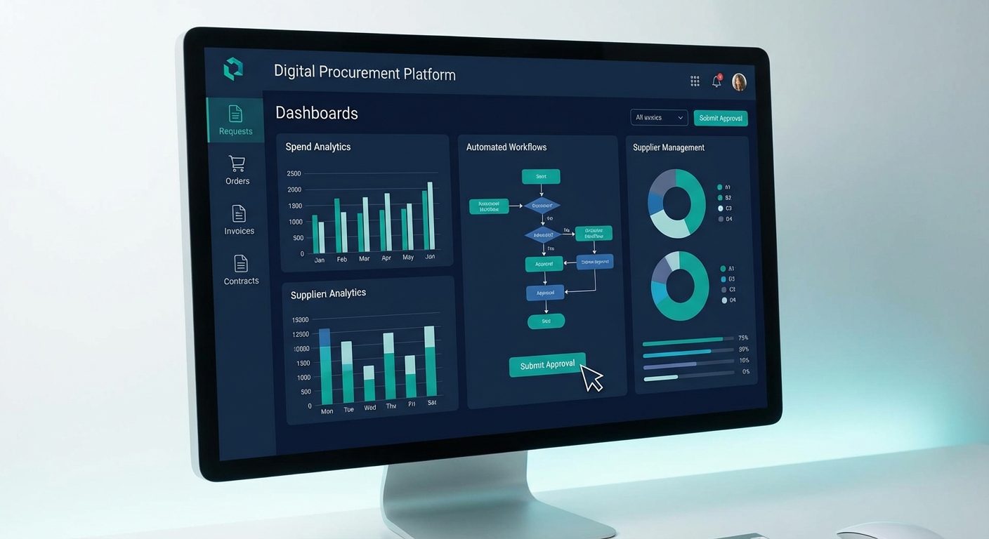 Technology automation concept for procurement showing digital platform interface