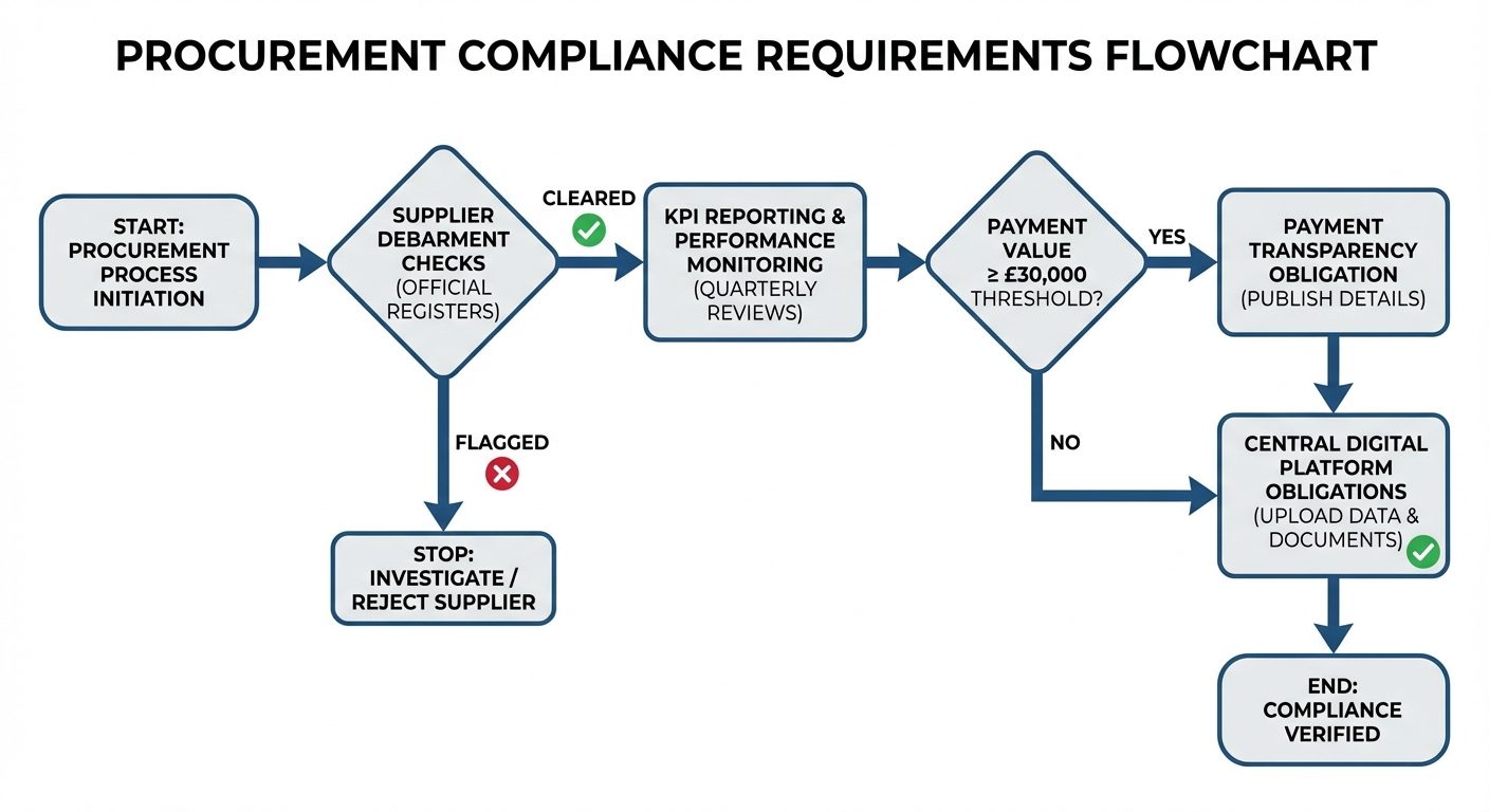 Procurement compliance requirements including debarment checks and KPI reporting