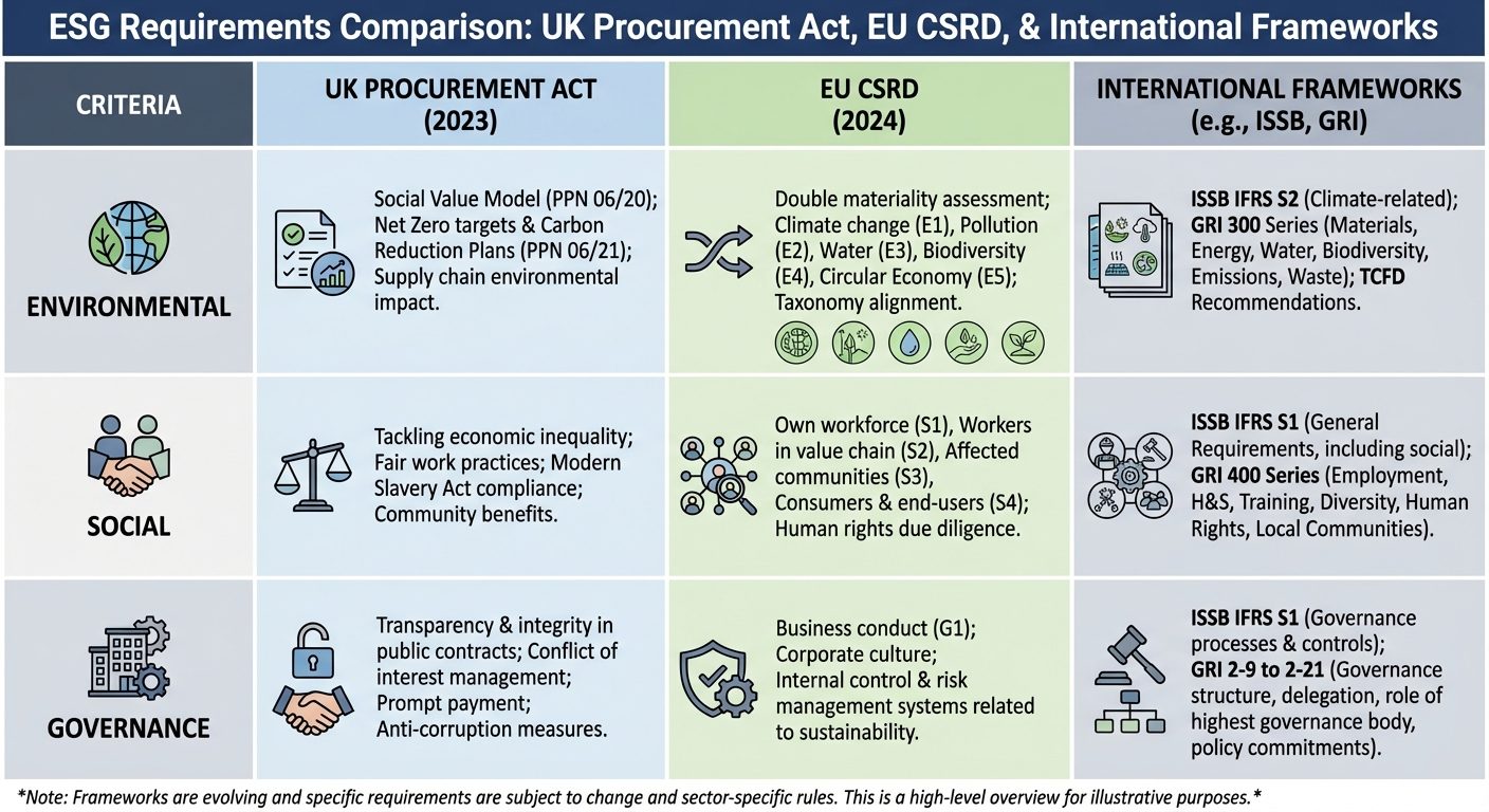 Comparison table of ESG requirements across different procurement frameworks