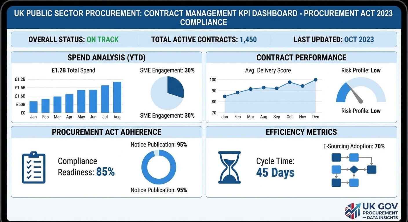 Procurement KPI reporting dashboard showing contract performance metrics and compliance tracking
