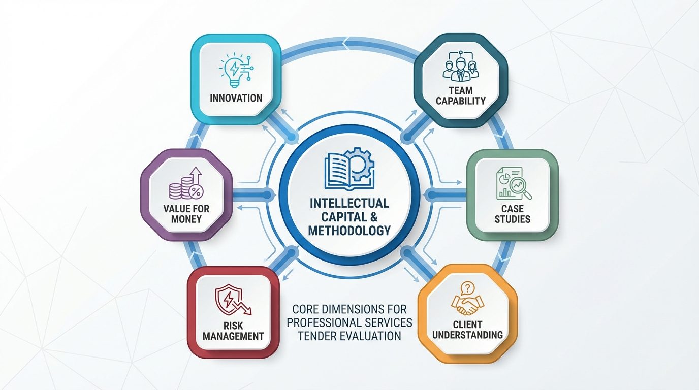 Professional services tender evaluation framework showing seven key dimensions