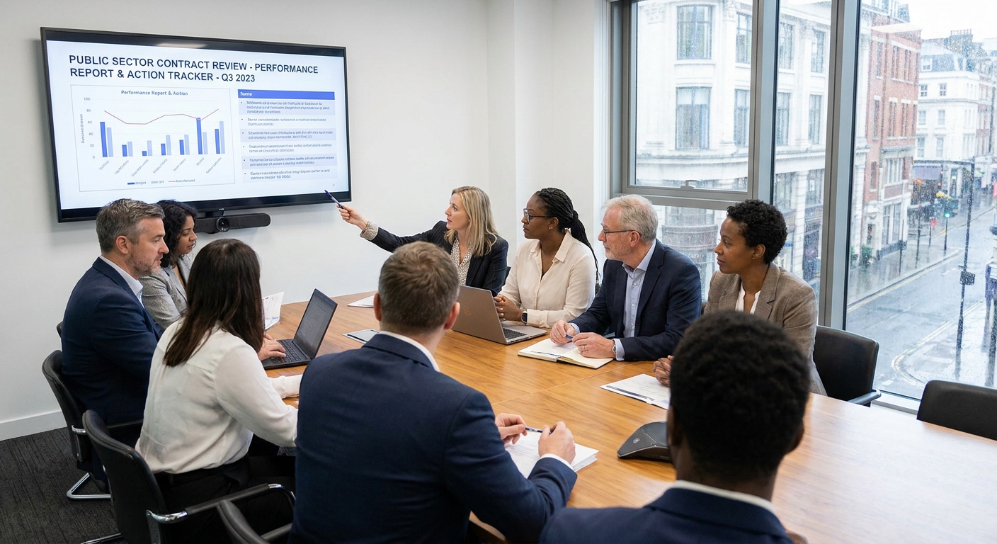 Public sector contract review meeting with performance reports and action tracker on screen