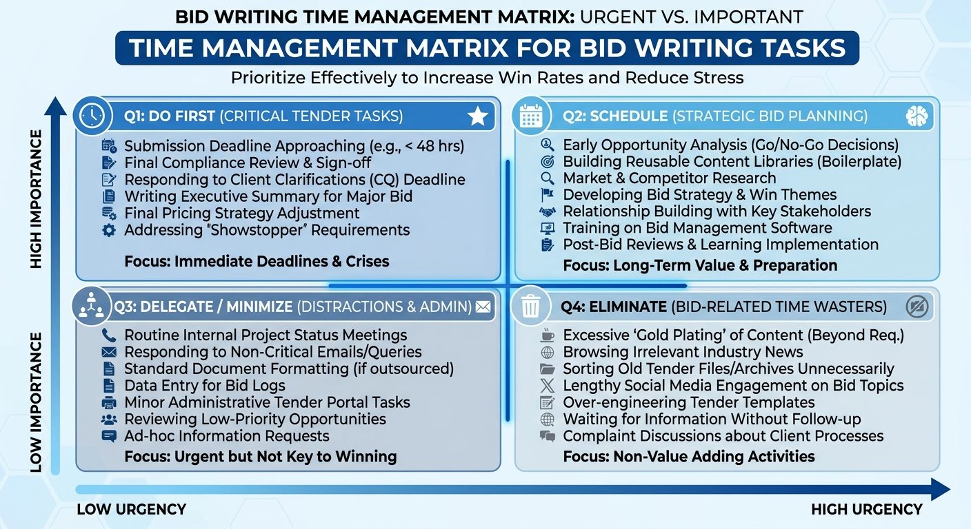 Time management matrix showing urgent and important quadrants applied to bid writing tasks