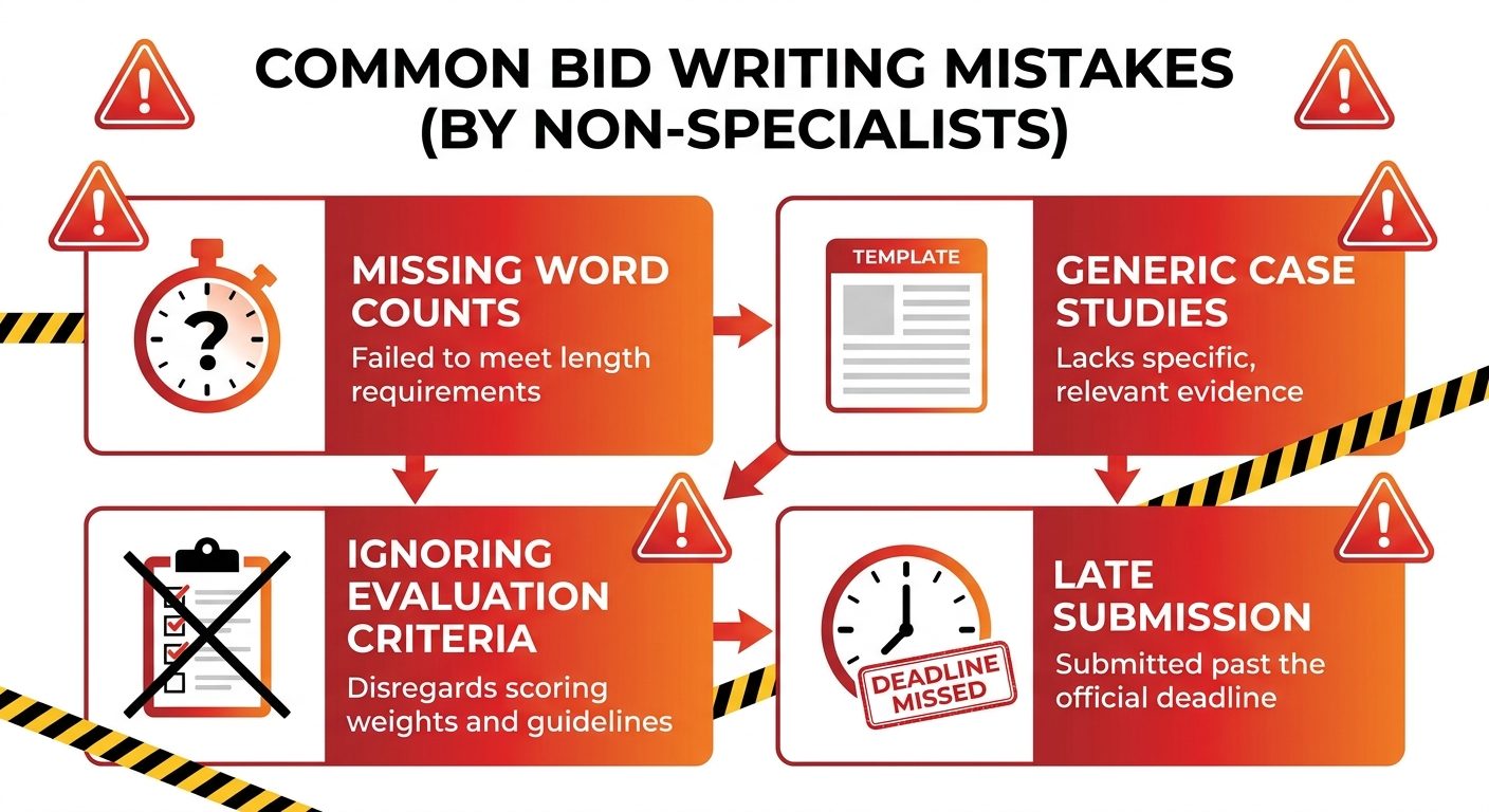 Infographic of common bid writing mistakes including missing word counts, generic case studies, ignoring criteria, and late submission