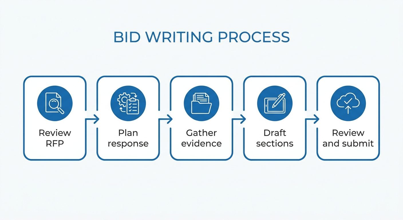 Five-stage bid writing process flowchart showing review, plan, gather, draft, and final review