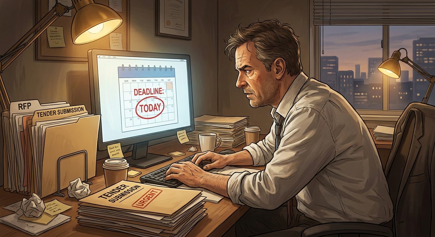 Stressed sales director surrounded by tender documents at a desk