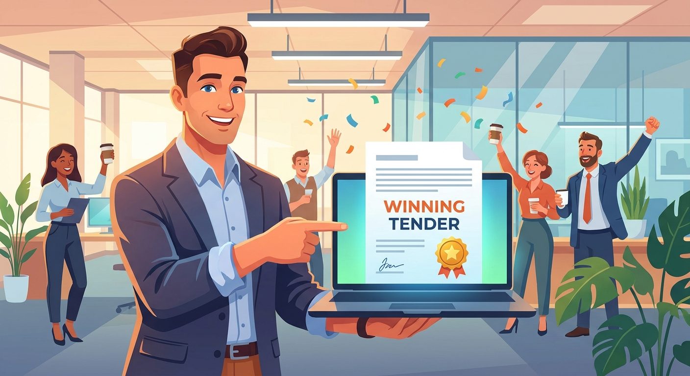 Sales director reviewing a winning tender response on a laptop