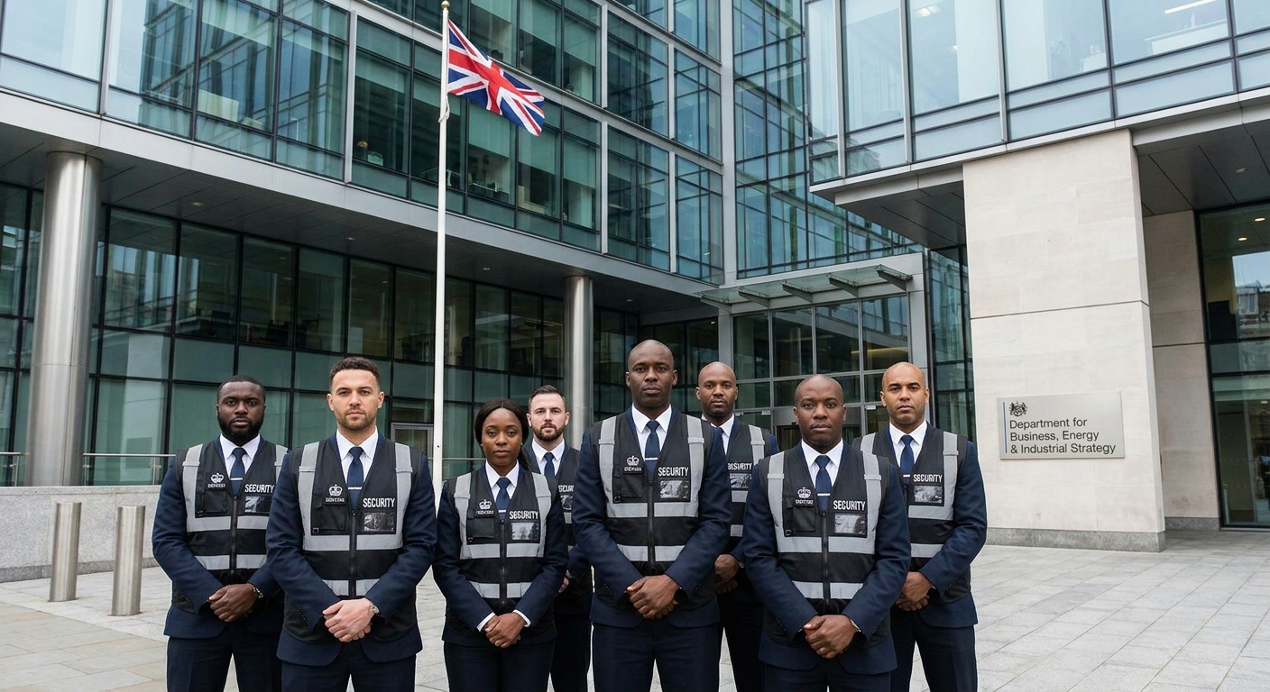 Professional security guard team outside UK government building
