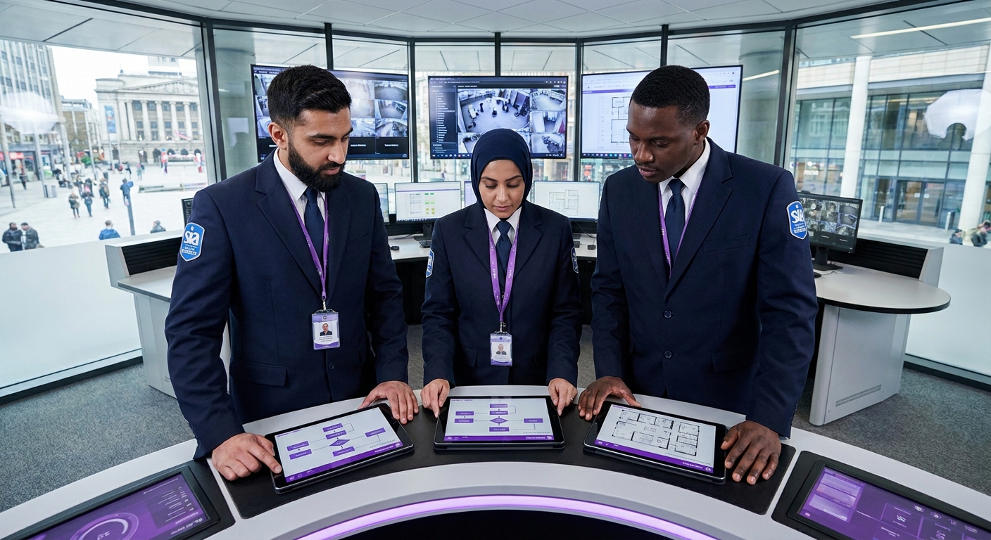 Security officers and bid managers reviewing a UK security services tender mobilisation plan