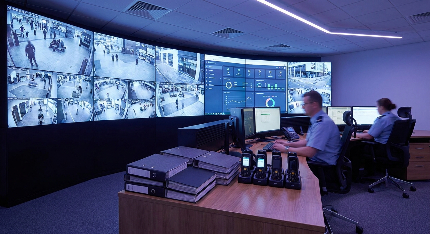 Security control room with CCTV, incident reporting and contract evidence dashboards
