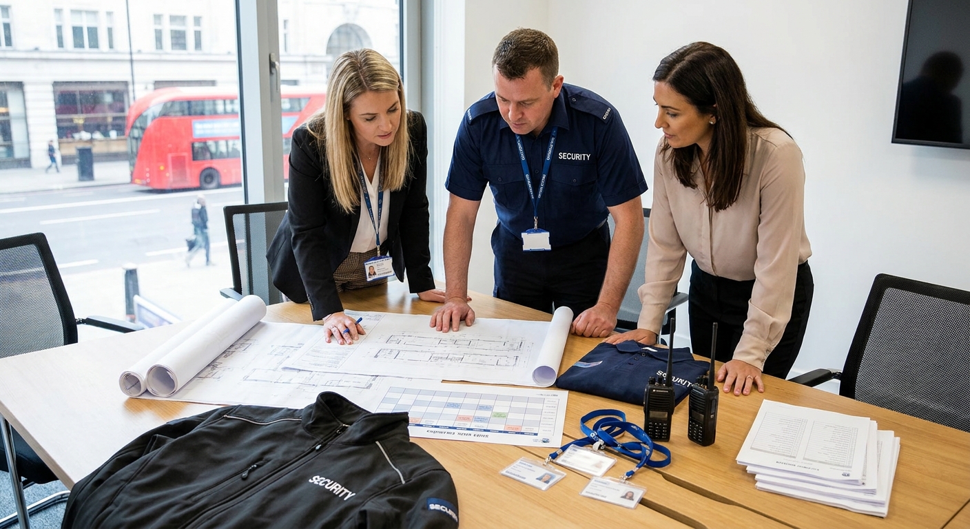 Security contract mobilisation planning with site maps, radios, rotas and access cards