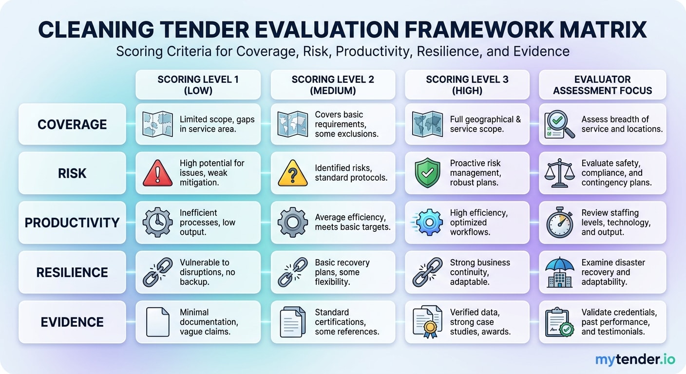 Cleaning tender evaluation framework showing coverage, risk, productivity, resilience and evidence