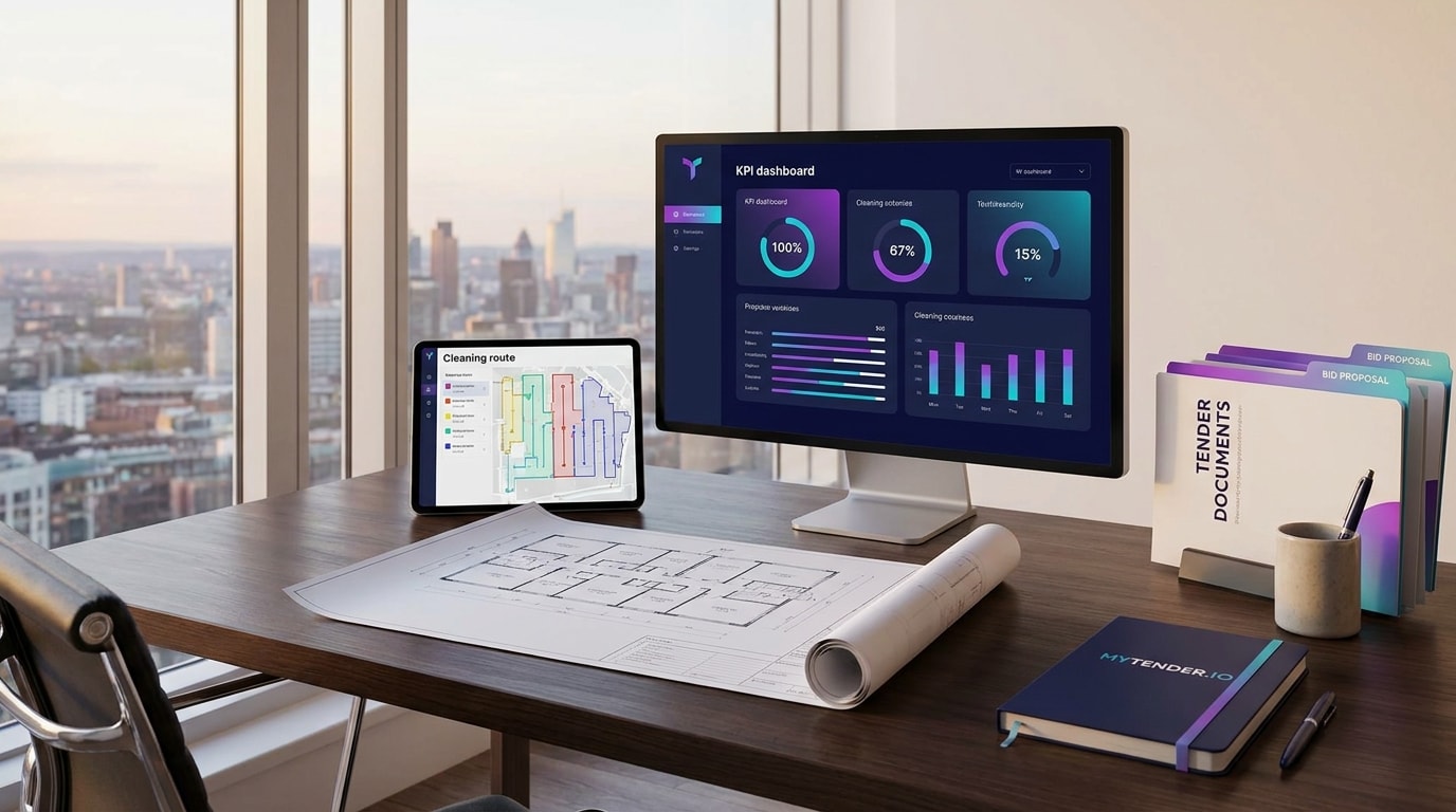 Cleaning tender bid desk with route plans, KPI dashboard and method statement documents