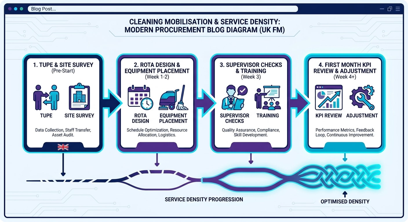 Cleaning mobilisation process map showing TUPE, site survey, rota design, equipment placement and first month KPI review