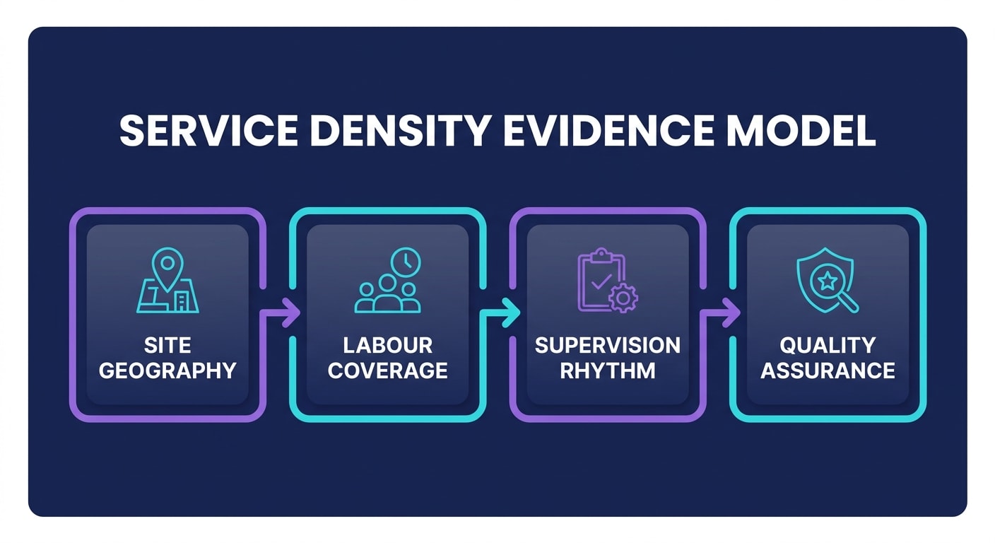 Service density model showing site geography, labour coverage, supervision rhythm and quality assurance