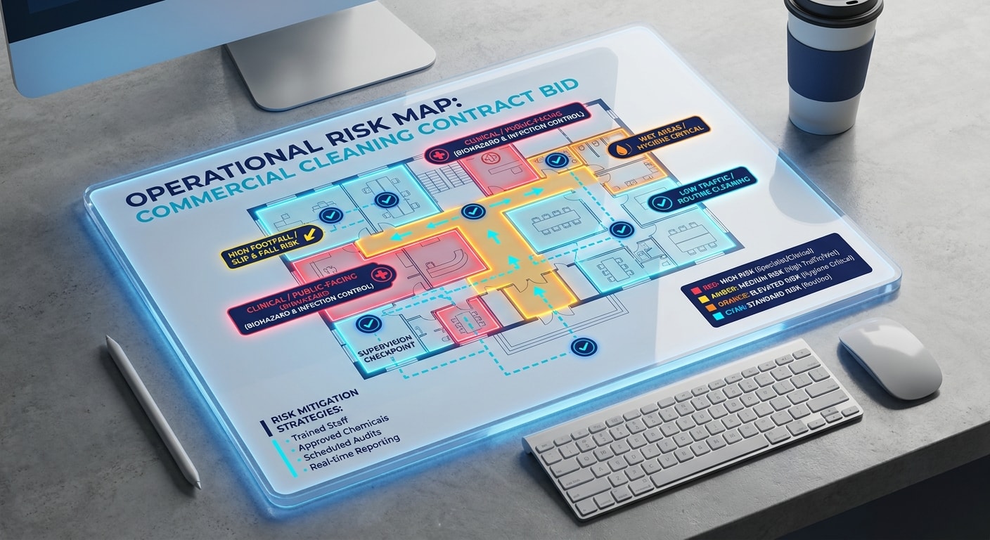Cleaning site risk map showing high-footfall zones, washrooms, public areas and supervision checkpoints