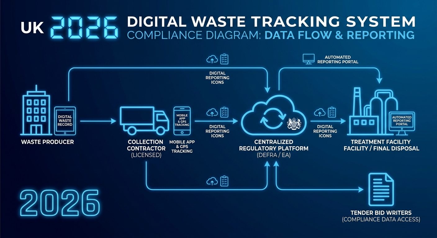 Digital waste tracking system data flow showing compliance reporting from collection through to treatment facility