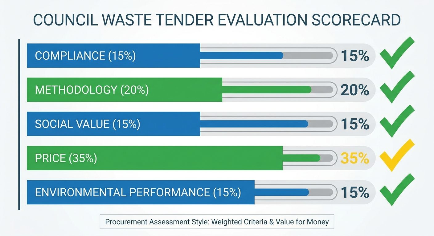 Evaluation scorecard showing how council waste tender scoring criteria are typically weighted