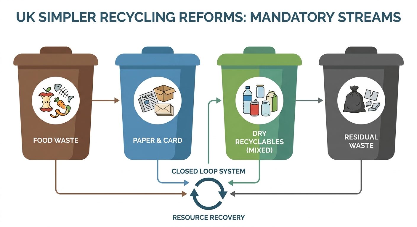 The four mandatory recycling collection streams under UK Simpler Recycling reforms for councils