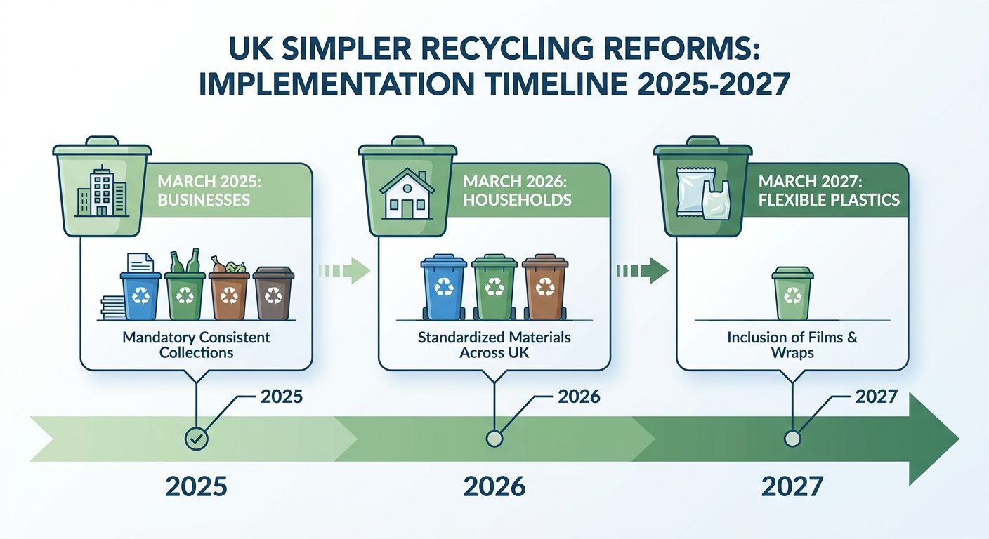 UK Simpler Recycling reforms timeline showing key milestones from 2025 to 2027