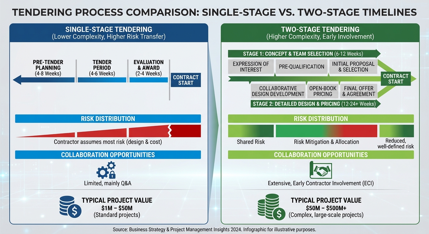 Comparison of single-stage versus two-stage tendering timelines and risk profiles