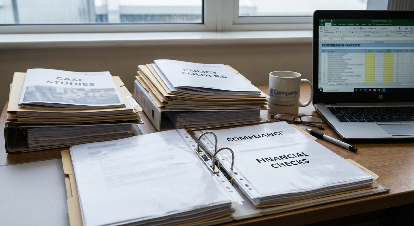 SME tender evidence pack with compliance documents, case studies, financial checks and delivery proof arranged for evaluator review