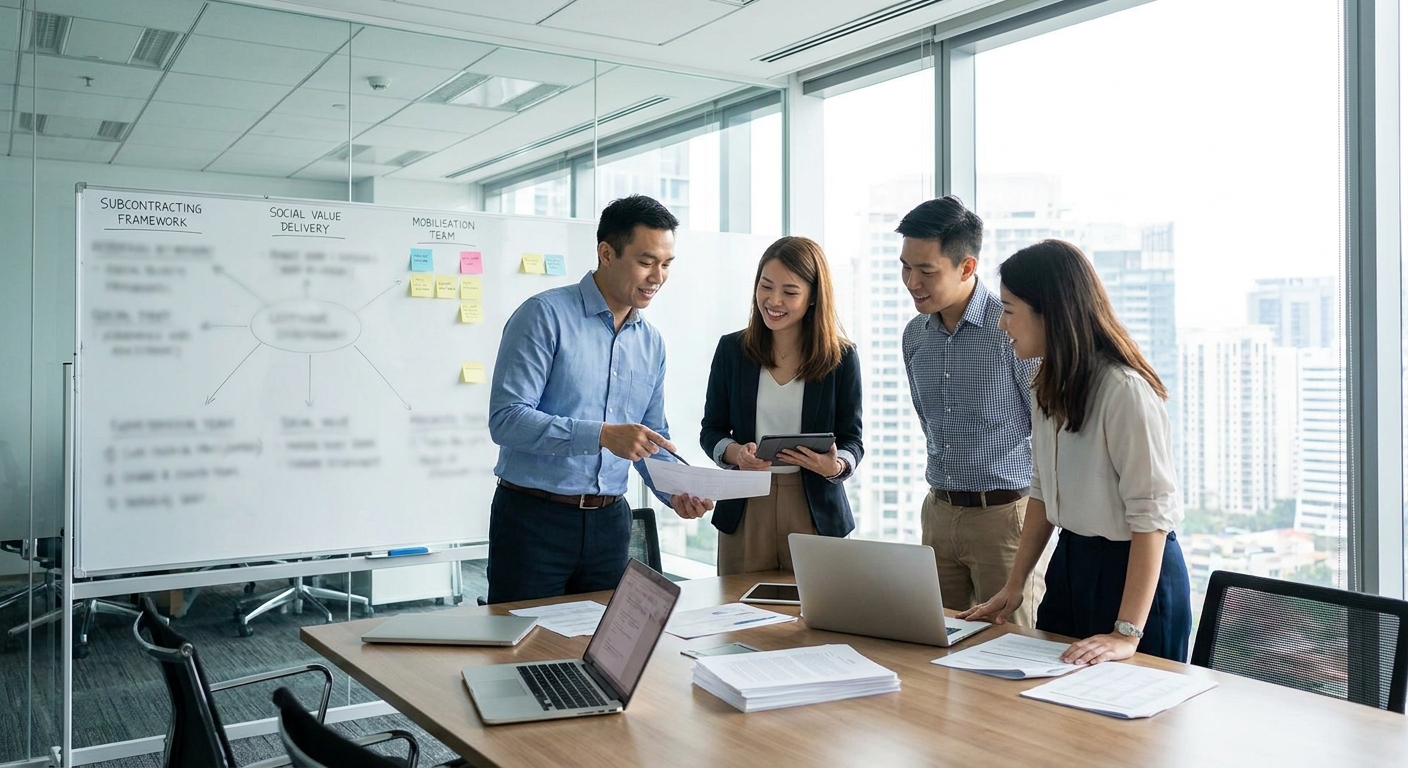 Prime contractor and SME specialist aligning subcontracting evidence, social value commitments and mobilisation roles before bid submission