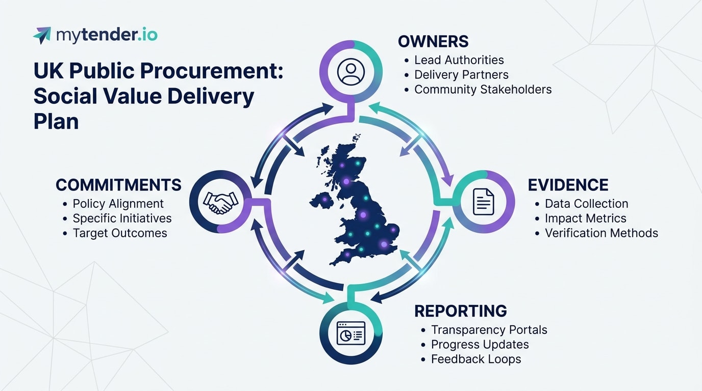 Social value delivery plan map showing commitments, owners, evidence and reporting