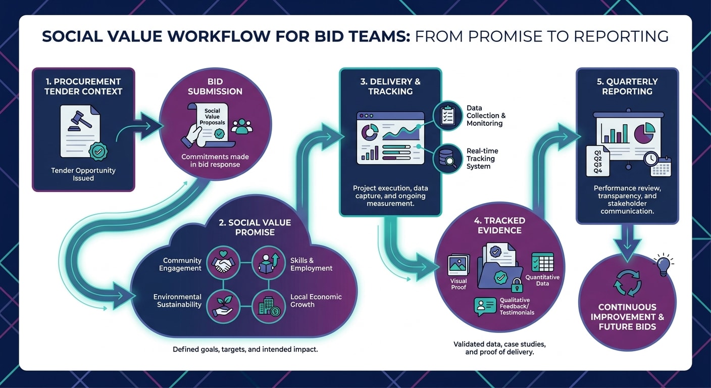 Commitment-to-evidence workflow showing how a social value promise becomes tracked delivery