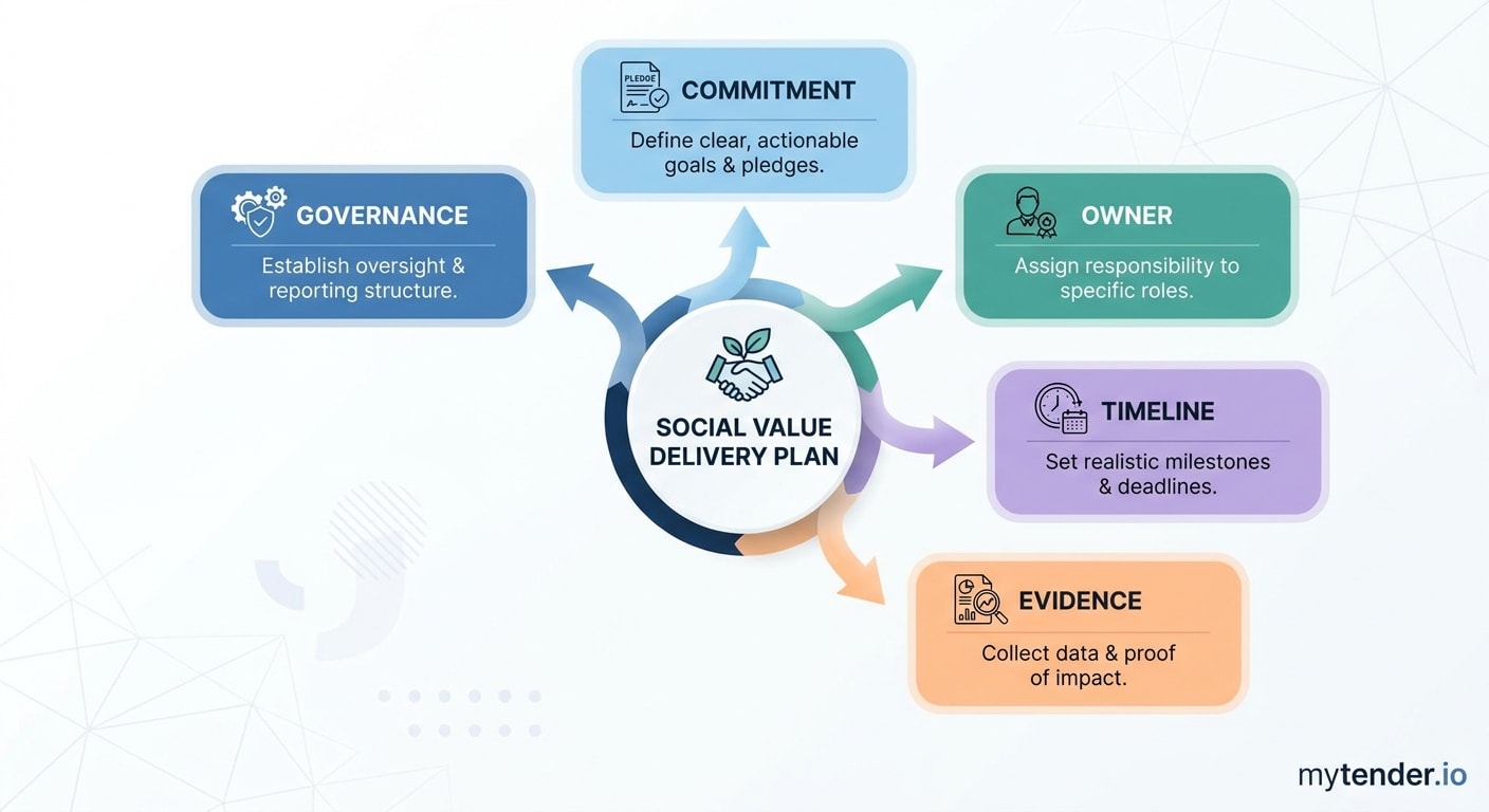 Five-part social value delivery framework with commitment, owner, timeline, evidence and governance