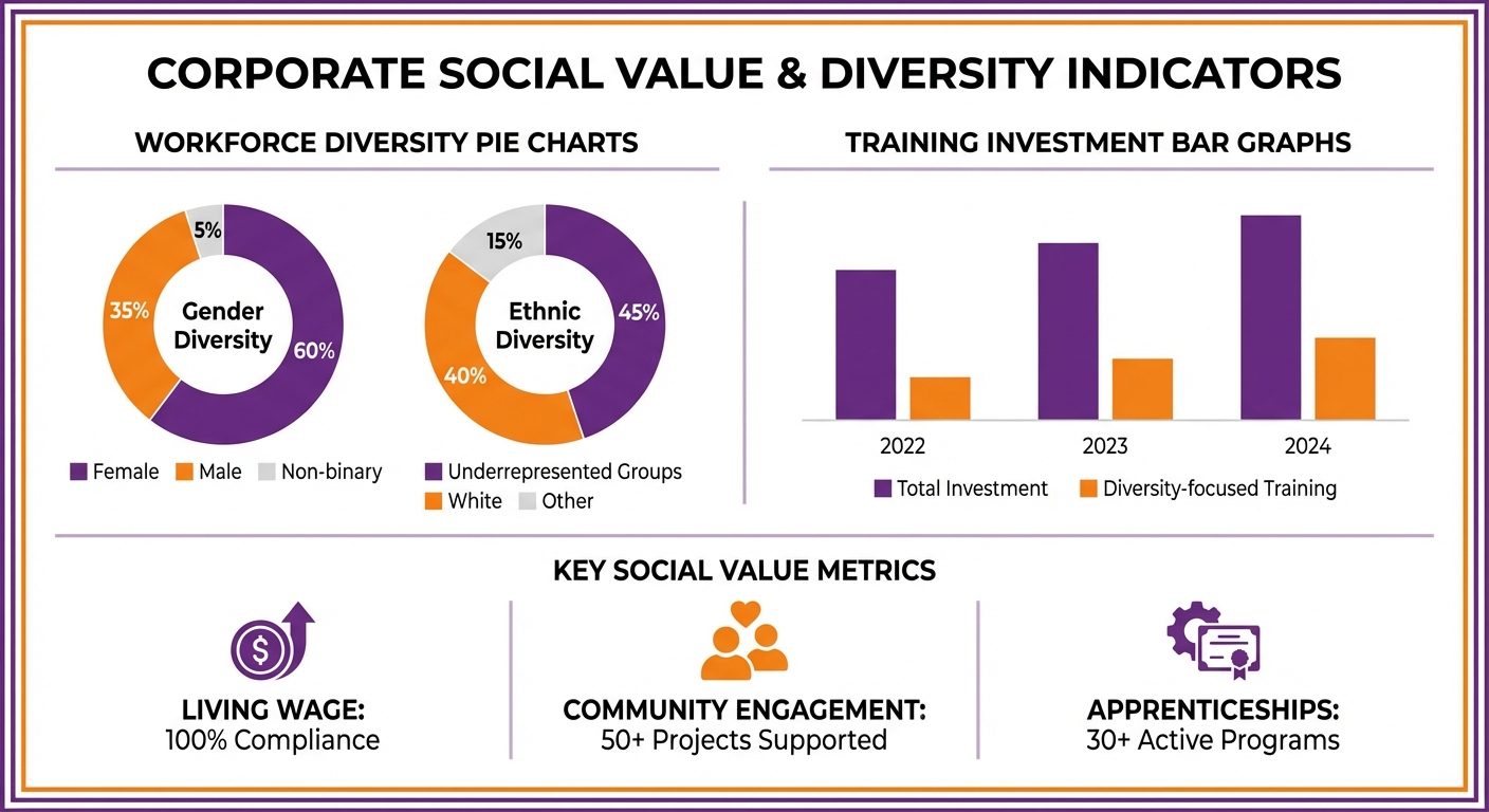 Social value metrics showing diversity indicators, training investment, and community engagement measurements