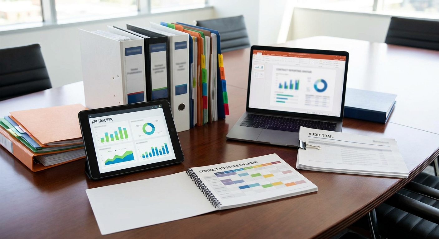 Organised social value evidence pack with KPI tracker, reporting calendar and audit trail