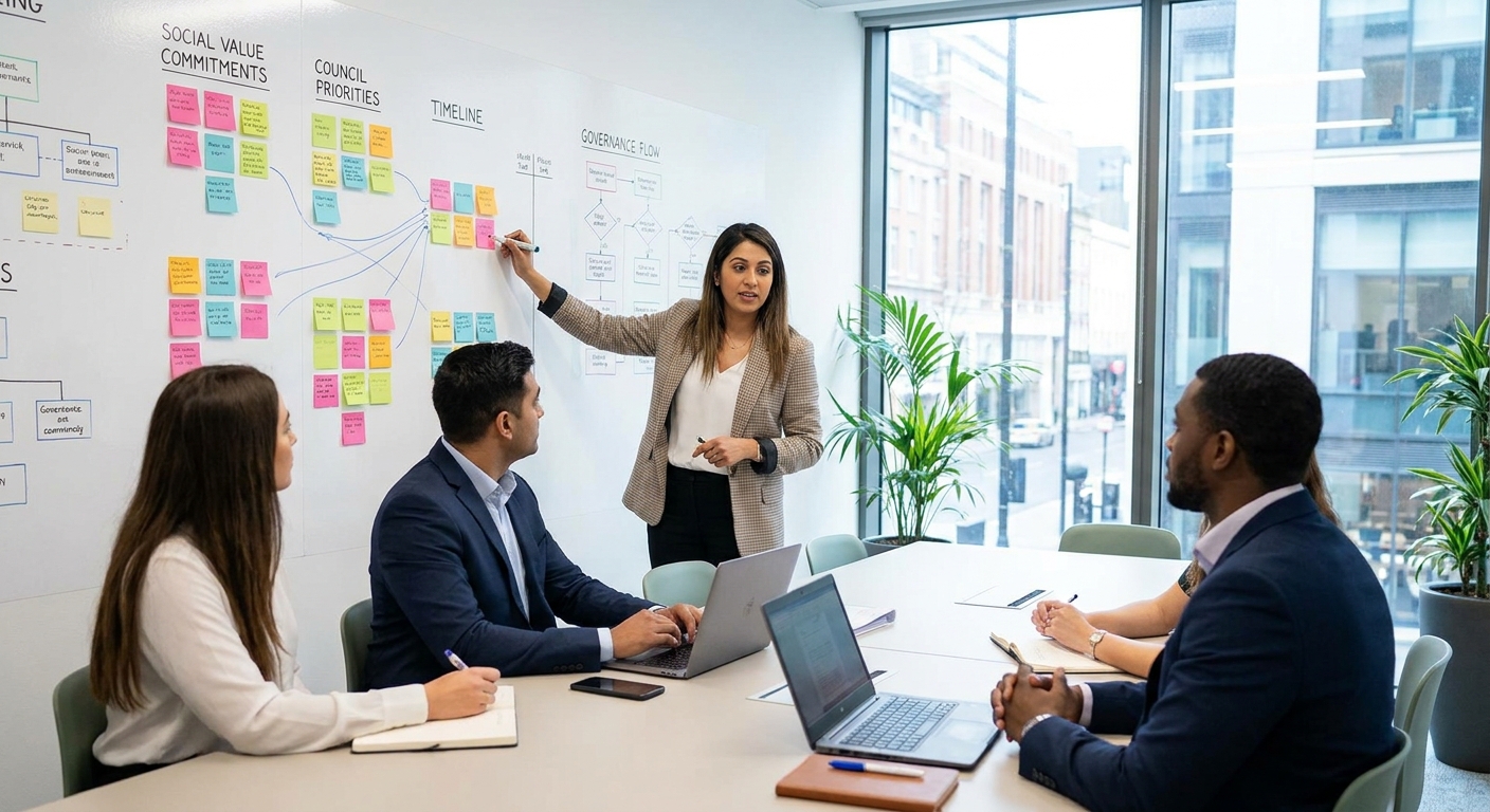 Bid manager mapping local social value commitments to buyer priorities and delivery milestones